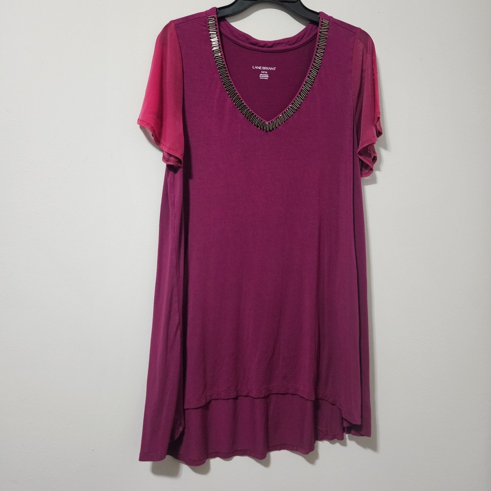 Lane Bryant Women Purple Beaded V-Neck Tunic Top Sheer Flutter‎ Sleeve 14/16